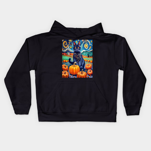 Cat Van Gogh Style Halloween Pumpkins Kids Hoodie by albaley